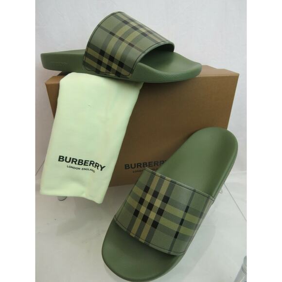 NIB BURBERRY FURLEY GREEN RUBBER CHECK LETTERING LOGO SANDAL SLIDES EUR 41 US 8 - Picture 4 of 9